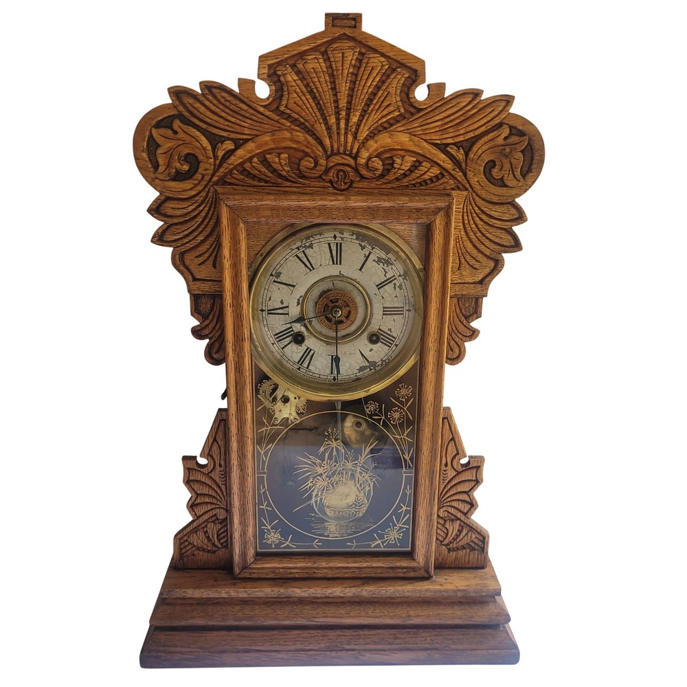Antique New Haven Gingerbread Mantel Clock Oak Wood Carved Victorian w/ Key